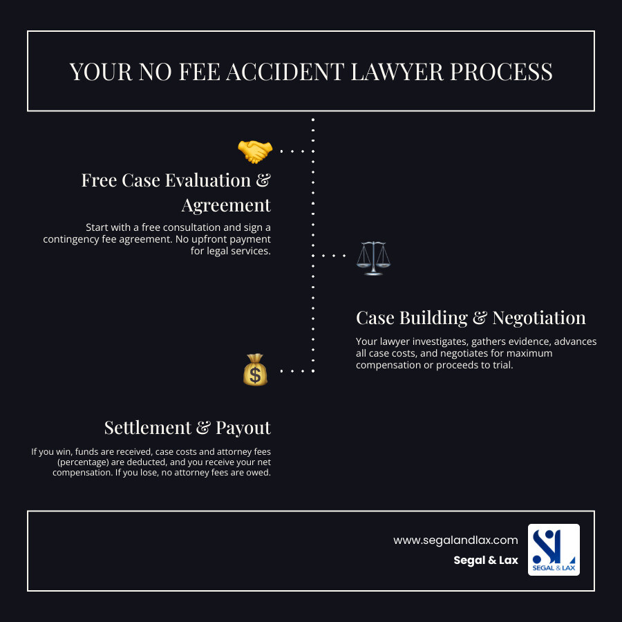 Infographic showing the contingency fee process: Step 1 - Free consultation and case evaluation; Step 2 - Sign contingency fee agreement with no upfront payment; Step 3 - Lawyer investigates and builds your case while advancing all costs; Step 4 - Negotiate settlement or go to trial; Step 5 - If you win, settlement funds received; Step 6 - Costs and liens paid first, then attorney percentage deducted; Step 7 - You receive net compensation; If you lose, you owe no attorney fees - No fee accident lawyer infographic infographic-line-3-steps-dark Infographic showing the contingency fee process: Step 1 - Free consultation and case evaluation; Step 2 - Sign contingency fee agreement with no upfront payment; Step 3 - Lawyer investigates and builds your case while advancing all costs; Step 4 - Negotiate settlement or go to trial; Step 5 - If you win, settlement funds received; Step 6 - Costs and liens paid first, then attorney percentage deducted; Step 7 - You receive net compensation; If you lose, you owe no attorney fees - No fee accident lawyer infographic infographic-line-3-steps-dark