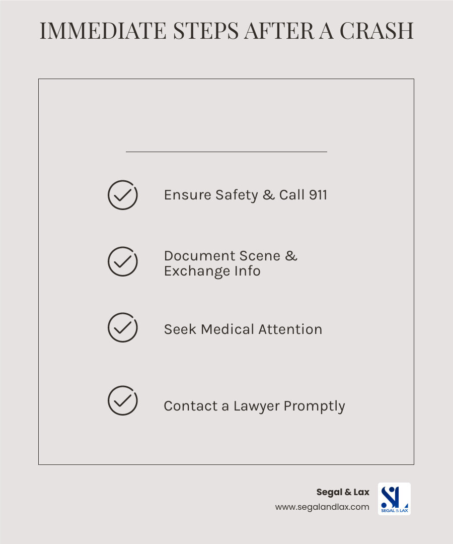 detailed infographic showing 5 immediate steps after a Jackson Heights car accident: 1) Ensure safety and call 911, 2) Document the scene with photos and witness info, 3) Exchange insurance information without admitting fault, 4) Seek medical attention immediately, 5) Contact a car accident attorney before speaking to insurance adjusters - Jackson Heights car crash attorney infographic checklist-light-beige detailed infographic showing 5 immediate steps after a Jackson Heights car accident: 1) Ensure safety and call 911, 2) Document the scene with photos and witness info, 3) Exchange insurance information without admitting fault, 4) Seek medical attention immediately, 5) Contact a car accident attorney before speaking to insurance adjusters - Jackson Heights car crash attorney infographic checklist-light-beige