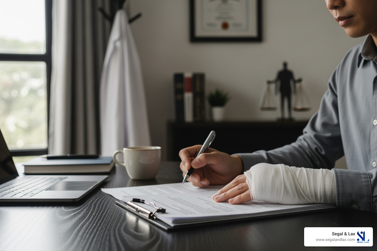 Infographic showing the first 5 steps after a work injury: 1. Seek immediate medical attention and tell the doctor your injury happened at work, 2. Report the injury to your supervisor or employer in writing within 30 days, 3. Document everything - photos of the accident scene, witness names, injury details, 4. File Form C-3 with the New York Workers' Compensation Board, 5. Consult with a work injury lawyer to evaluate all compensation options including third-party claims - work injury lawyer manhattan