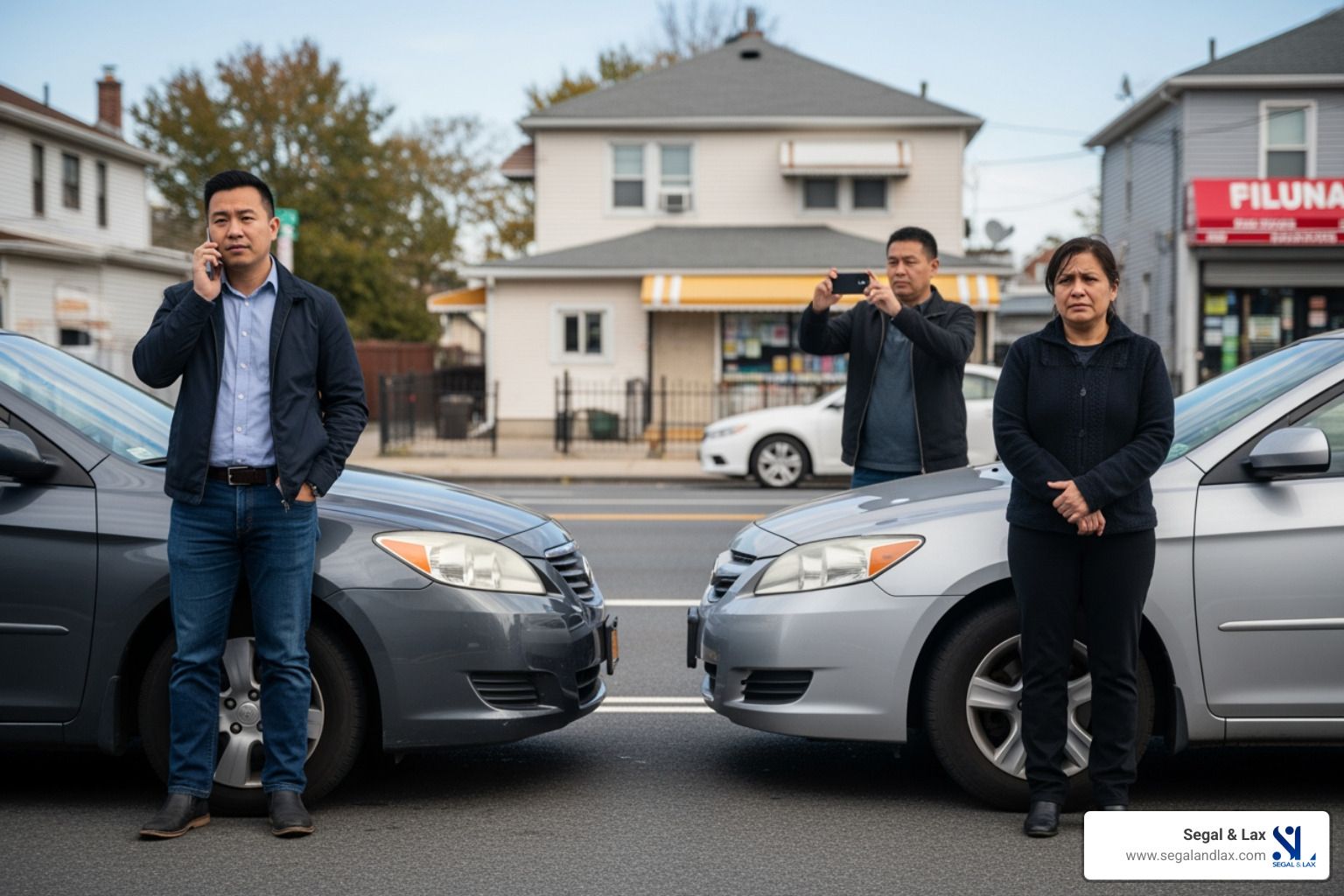 Infographic showing the 5 immediate steps after a car accident in Bayside: 1) Ensure safety and call 911 if anyone is injured, 2) Report the accident to NYPD if injuries or damage exceed $1,000, 3) Gather evidence - take photos, get witness contact information, and document the scene, 4) Seek medical attention immediately even if injuries seem minor, 5) Contact a Bayside car accident lawyer before speaking to insurance adjusters - Bayside car accident lawyer Infographic showing the 5 immediate steps after a car accident in Bayside: 1) Ensure safety and call 911 if anyone is injured, 2) Report the accident to NYPD if injuries or damage exceed $1,000, 3) Gather evidence - take photos, get witness contact information, and document the scene, 4) Seek medical attention immediately even if injuries seem minor, 5) Contact a Bayside car accident lawyer before speaking to insurance adjusters - Bayside car accident lawyer