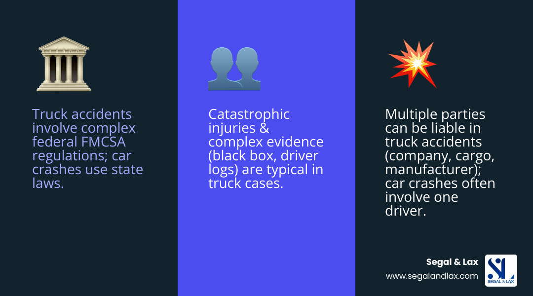 Infographic comparing car accident claims vs truck accident claims in New York, showing key differences: truck accidents involve FMCSA federal regulations and state laws, multiple liable parties beyond just the driver, commercial insurance policies with higher limits, severe injuries due to size disparity (80,000 lbs vs 3,000 lbs), complex evidence like black box data and driver logs, and aggressive corporate defense teams - truck accident attorney New York infographic 3_facts_emoji_blue Infographic comparing car accident claims vs truck accident claims in New York, showing key differences: truck accidents involve FMCSA federal regulations and state laws, multiple liable parties beyond just the driver, commercial insurance policies with higher limits, severe injuries due to size disparity (80,000 lbs vs 3,000 lbs), complex evidence like black box data and driver logs, and aggressive corporate defense teams - truck accident attorney New York infographic 3_facts_emoji_blue