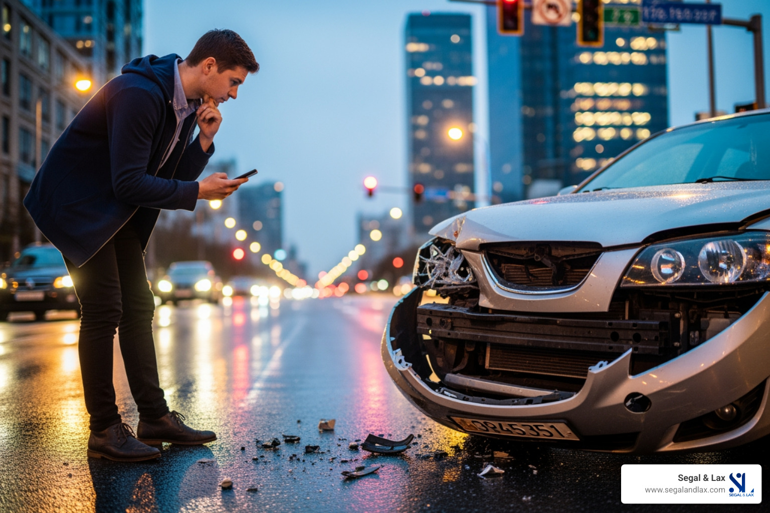 Infographic showing steps after Staten Island car accident: 1. Check for injuries and call 911, 2. Document the scene with photos, 3. Seek medical attention immediately, 4. Contact insurance company, 5. Consult a car accident lawyer before giving statements, 6. File claim within 3-year statute of limitations - auto accident lawyer staten island