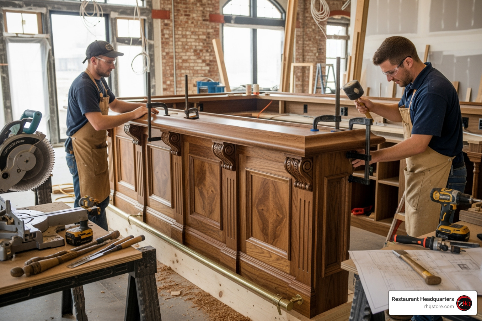 detailed custom millwork bar area being installed - Restaurant design build detailed custom millwork bar area being installed - Restaurant design build