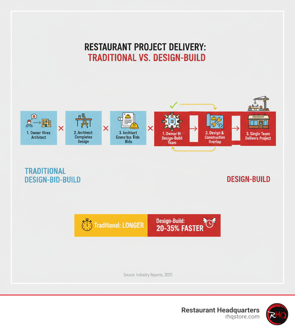 infographic comparing Traditional Design-Bid-Build process (Owner hires Architect, Architect completes design, Owner solicits construction bids, General Contractor builds project) versus Design-Build process (Owner hires Design-Build Team, Design and Construction overlap with continuous collaboration, Single team delivers completed project). Shows timeline comparison with Design-Build being 20-35% faster. - Restaurant design build infographic infographic comparing Traditional Design-Bid-Build process (Owner hires Architect, Architect completes design, Owner solicits construction bids, General Contractor builds project) versus Design-Build process (Owner hires Design-Build Team, Design and Construction overlap with continuous collaboration, Single team delivers completed project). Shows timeline comparison with Design-Build being 20-35% faster. - Restaurant design build infographic