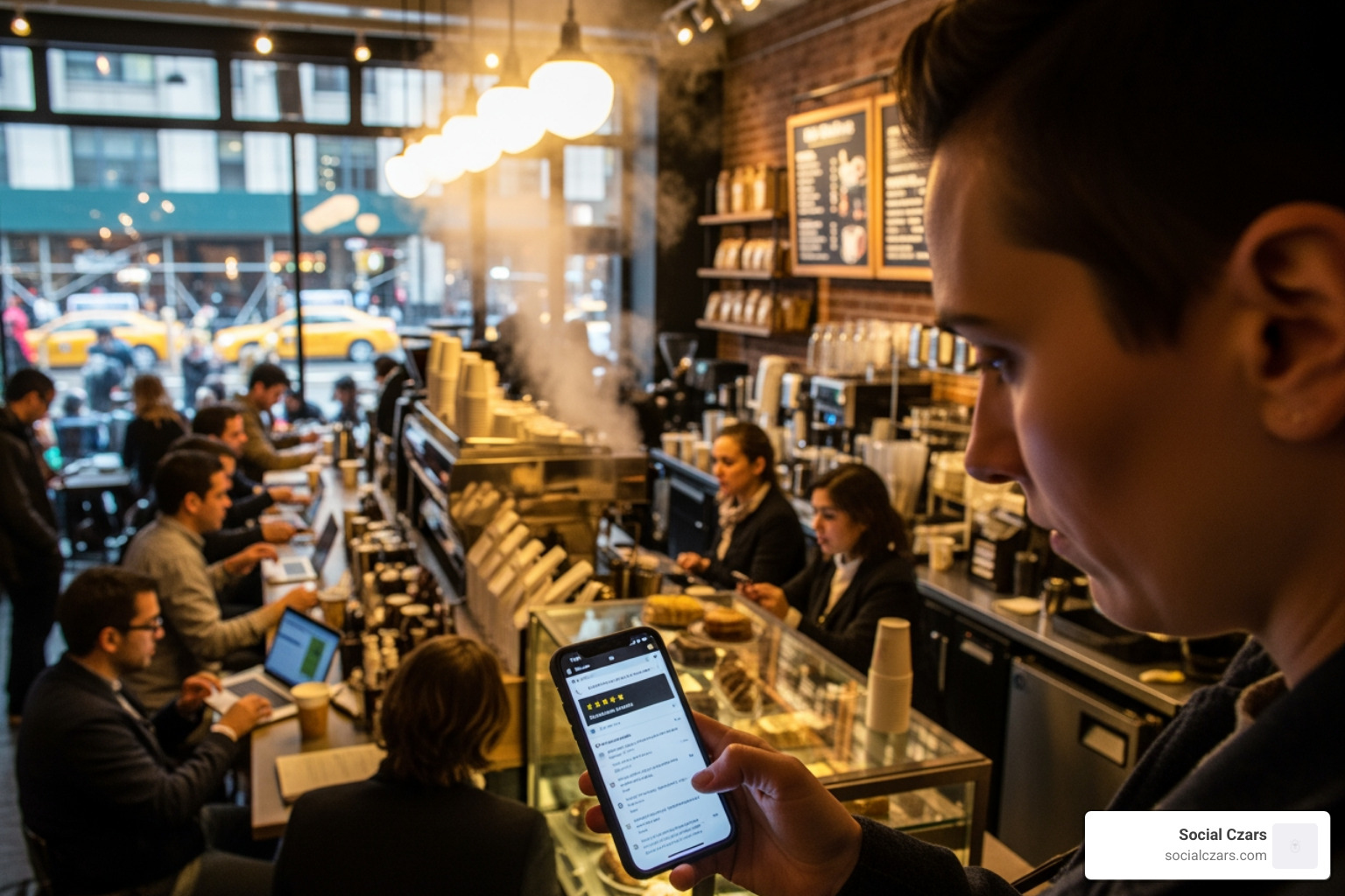 person looking at negative reviews on a phone in a busy NYC coffee shop - reputation management new york