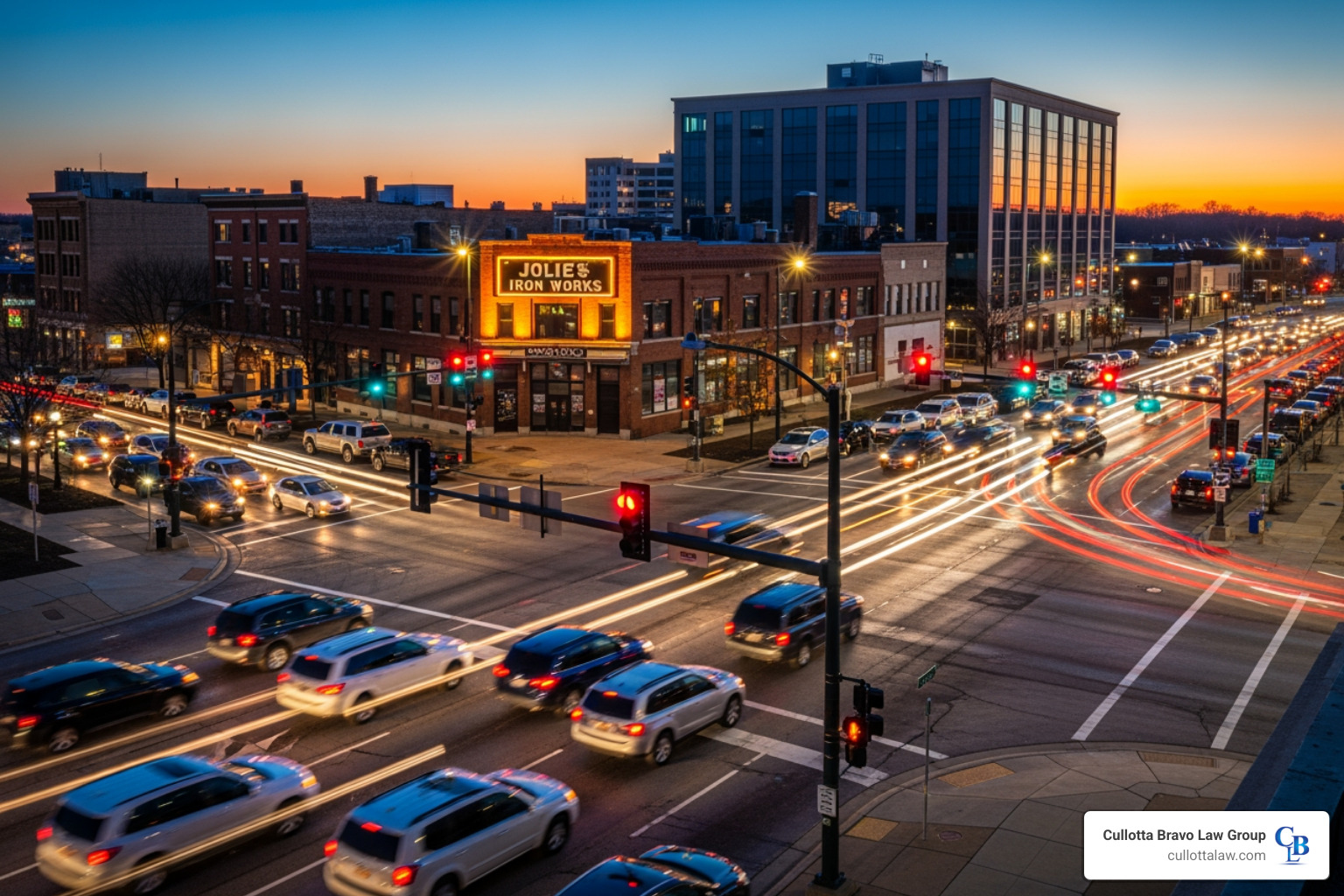 busy intersection in Joliet, IL, like Jefferson St & Larkin Ave - motorcycle accident lawyer joliet