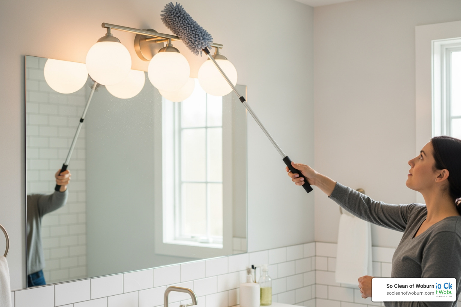 dusting a bathroom light fixture with an extendable duster - residential bathroom cleaning dusting a bathroom light fixture with an extendable duster - residential bathroom cleaning
