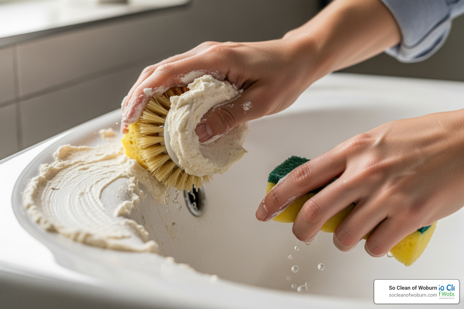 person scrubbing a sink with a natural paste - residential bathroom cleaning person scrubbing a sink with a natural paste - residential bathroom cleaning