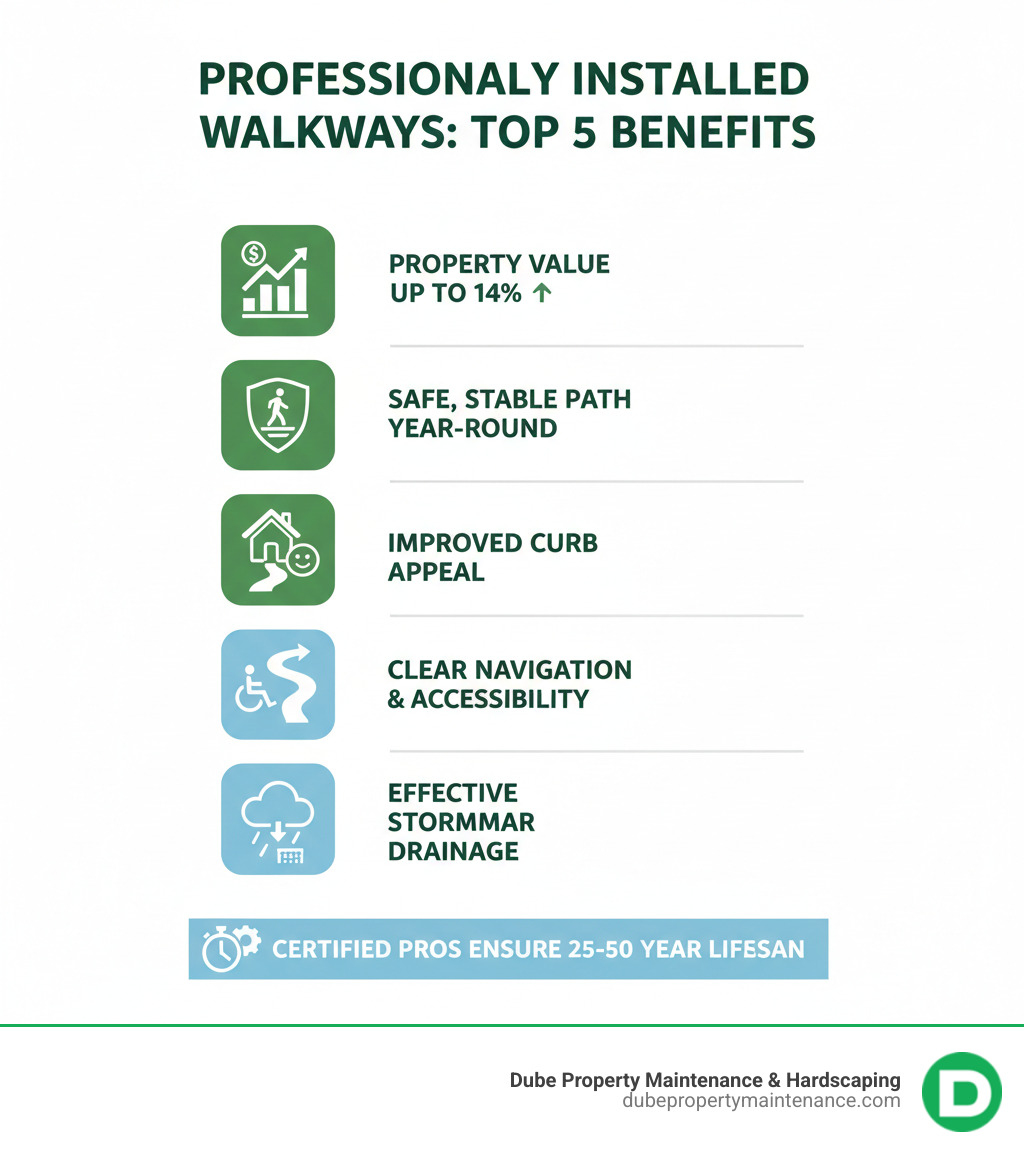 Infographic showing the top 5 benefits of professionally installed walkways: 1) Increases property value by up to 14%, 2) Provides safe, stable walking surface year-round, 3) Improves curb appeal and first impressions, 4) Offers clear navigation and accessibility, 5) Manages stormwater drainage effectively. Includes icons for each benefit and notes that proper installation by certified professionals ensures 25-50 year lifespan. - walkway installers auburn nh infographic Infographic showing the top 5 benefits of professionally installed walkways: 1) Increases property value by up to 14%, 2) Provides safe, stable walking surface year-round, 3) Improves curb appeal and first impressions, 4) Offers clear navigation and accessibility, 5) Manages stormwater drainage effectively. Includes icons for each benefit and notes that proper installation by certified professionals ensures 25-50 year lifespan. - walkway installers auburn nh infographic