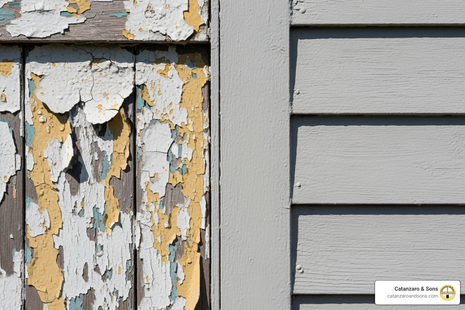 A home's exterior showing peeling paint next to a freshly painted section - exterior painting barrington