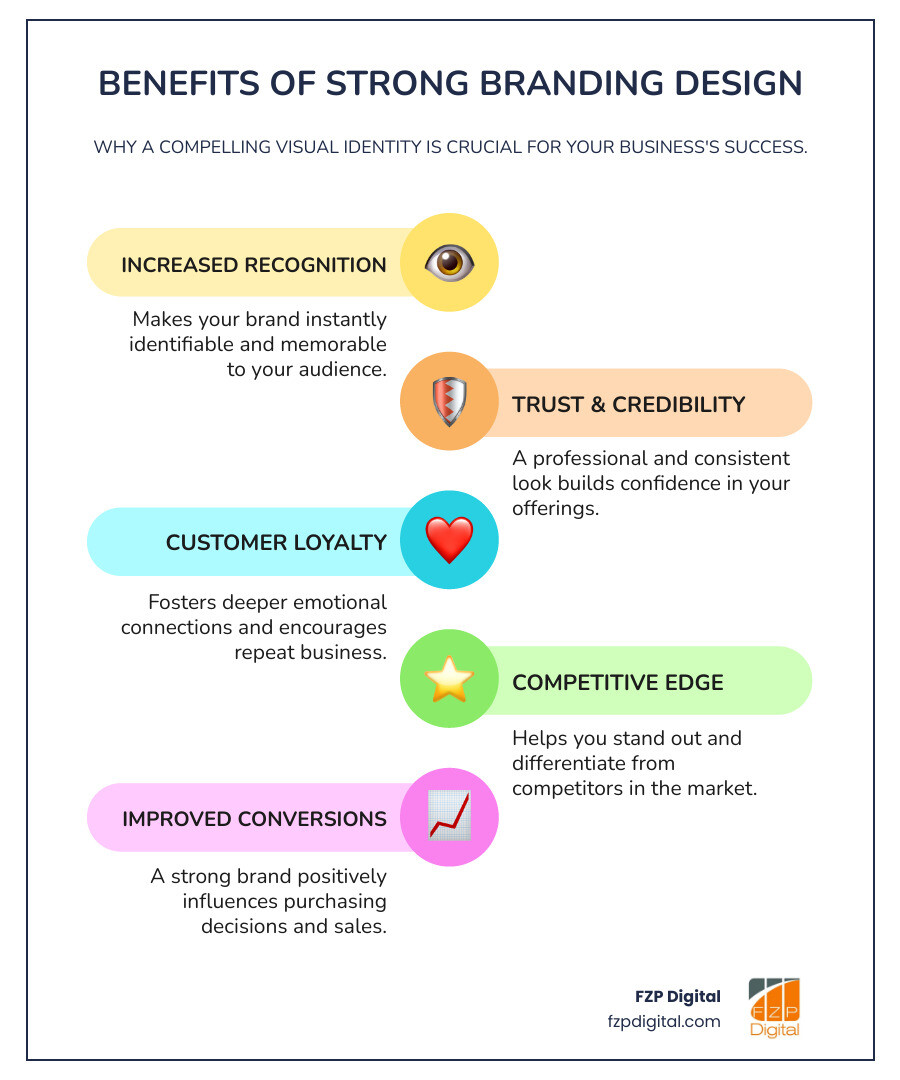 Infographic showing the key benefits of strong branding design: a circular diagram with "Strong Branding Design" in the center, connected to five benefits: "Increased Brand Recognition" (with an eye icon), "Customer Trust & Credibility" (with a shield icon), "Customer Loyalty" (with a heart icon), "Stand Out from Competitors" (with a star icon), and "Improved Conversion Rates" (with an upward arrow icon). Each benefit is in a distinct color that is warm and inviting. - branding design infographic infographic-line-5-steps-colors Infographic showing the key benefits of strong branding design: a circular diagram with "Strong Branding Design" in the center, connected to five benefits: "Increased Brand Recognition" (with an eye icon), "Customer Trust & Credibility" (with a shield icon), "Customer Loyalty" (with a heart icon), "Stand Out from Competitors" (with a star icon), and "Improved Conversion Rates" (with an upward arrow icon). Each benefit is in a distinct color that is warm and inviting. - branding design infographic infographic-line-5-steps-colors
