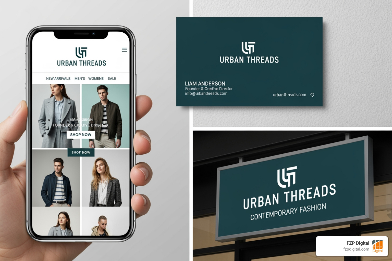 A brand's consistent look across a phone screen displaying a website, a business card with a logo, and a physical sign for a storefront. All elements share the same color palette, typography, and logo style, creating a harmonious and recognizable brand identity. - branding design A brand's consistent look across a phone screen displaying a website, a business card with a logo, and a physical sign for a storefront. All elements share the same color palette, typography, and logo style, creating a harmonious and recognizable brand identity. - branding design