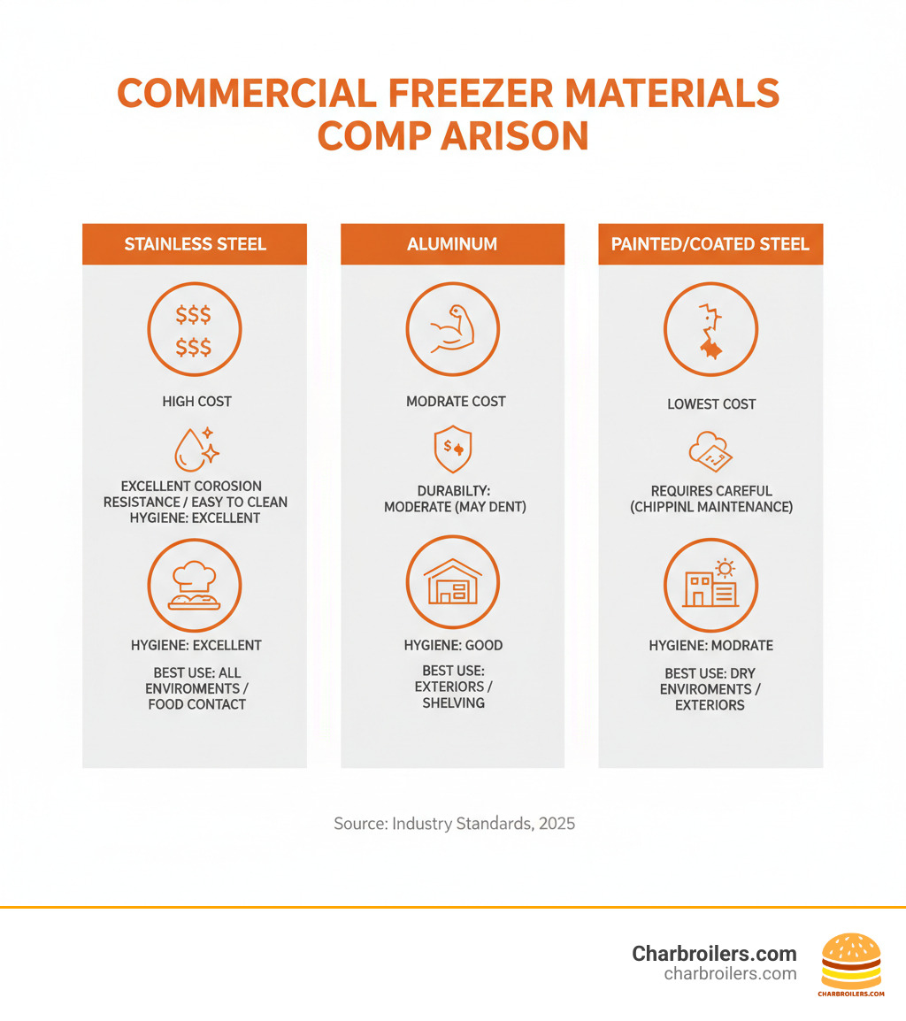 Infographic showing a side-by-side comparison of three commercial freezer materials: stainless steel (high durability, high cost, excellent corrosion resistance, easy to clean), aluminum (moderate cost, lightweight, good corrosion resistance, may dent), and painted/coated steel (lowest cost, prone to chipping, requires careful maintenance, suitable for dry environments). Each material is shown with icons indicating cost level, durability rating, hygiene rating, and best use cases. - do commercial freezers need to be stainless steel infographic Infographic showing a side-by-side comparison of three commercial freezer materials: stainless steel (high durability, high cost, excellent corrosion resistance, easy to clean), aluminum (moderate cost, lightweight, good corrosion resistance, may dent), and painted/coated steel (lowest cost, prone to chipping, requires careful maintenance, suitable for dry environments). Each material is shown with icons indicating cost level, durability rating, hygiene rating, and best use cases. - do commercial freezers need to be stainless steel infographic