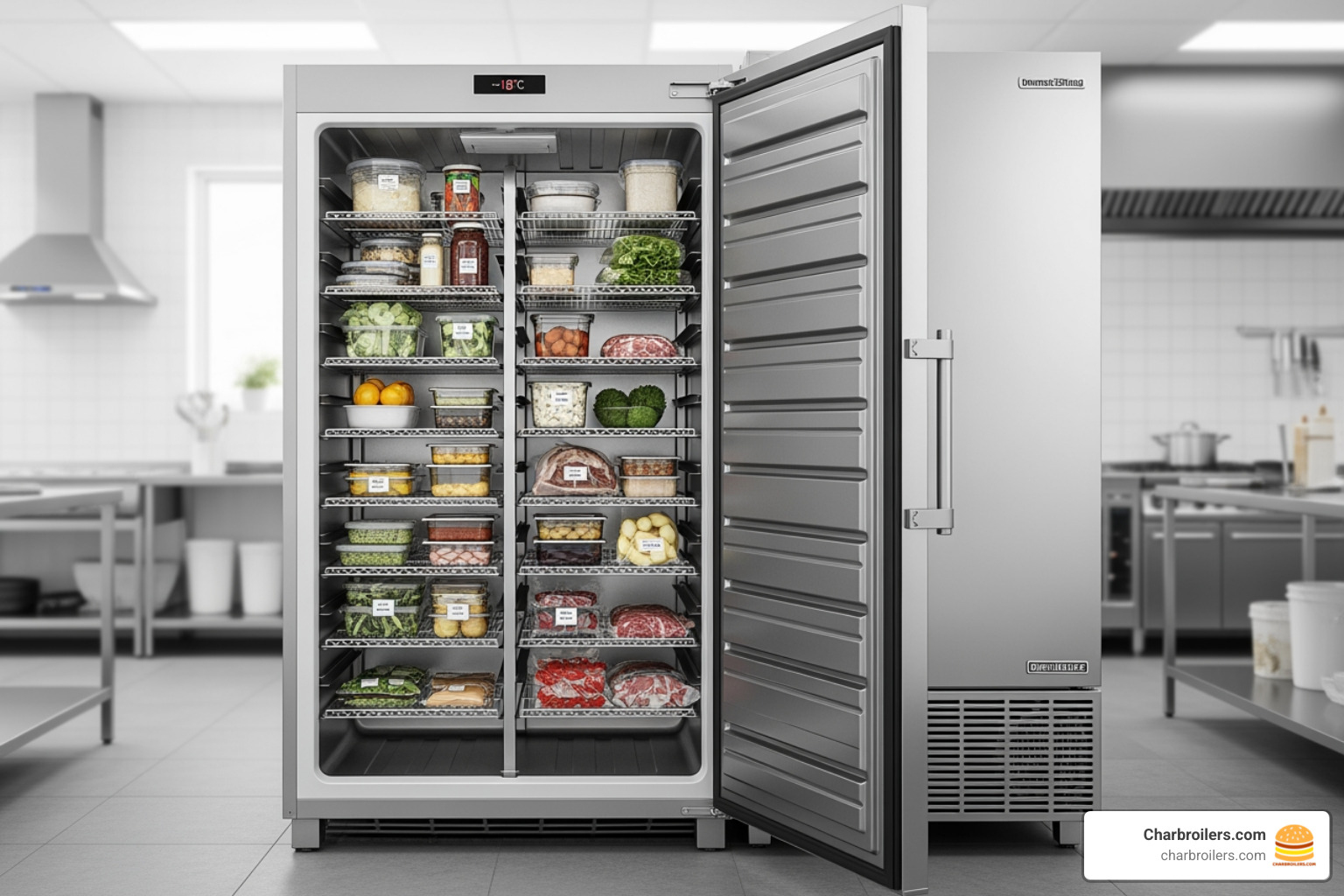 Commercial freezer with callouts pointing to the interior, exterior, and shelving materials - do commercial freezers need to be stainless steel Commercial freezer with callouts pointing to the interior, exterior, and shelving materials - do commercial freezers need to be stainless steel