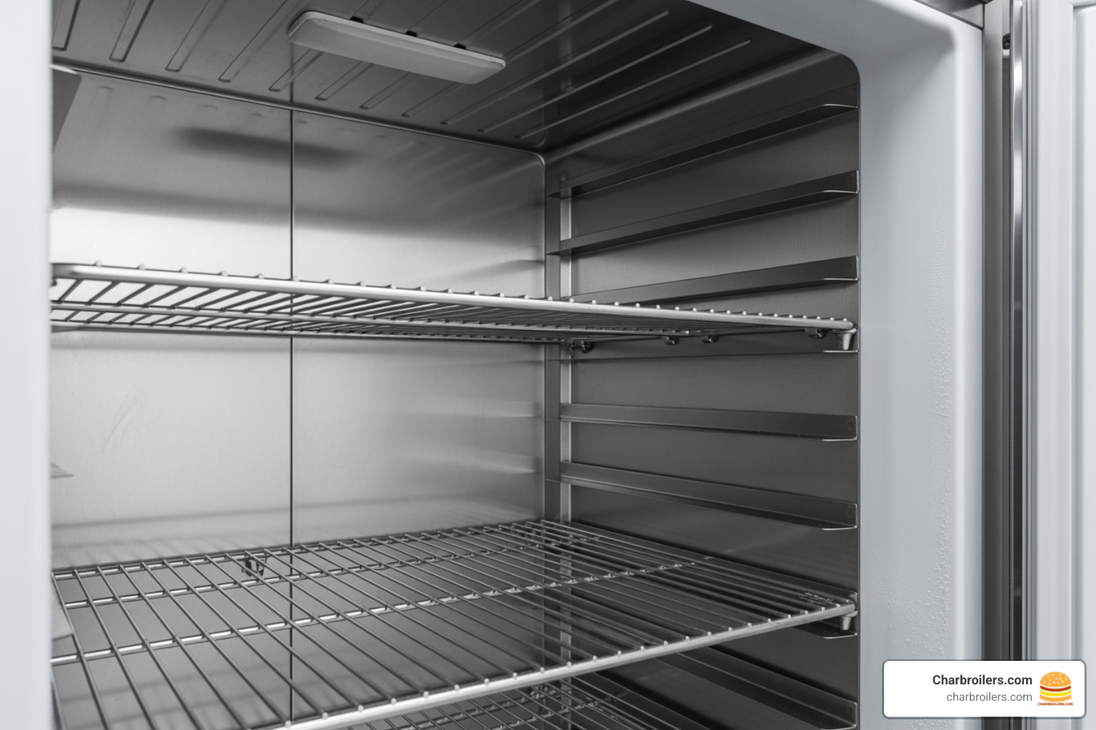 Close-up of a stainless steel freezer interior showing its non-porous, easy-to-clean surface - do commercial freezers need to be stainless steel Close-up of a stainless steel freezer interior showing its non-porous, easy-to-clean surface - do commercial freezers need to be stainless steel