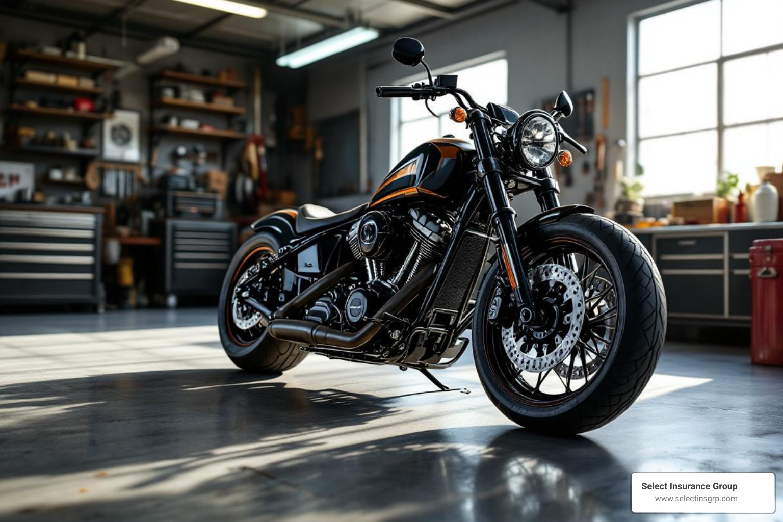 custom motorcycle in garage - best motorcycle insurance virginia