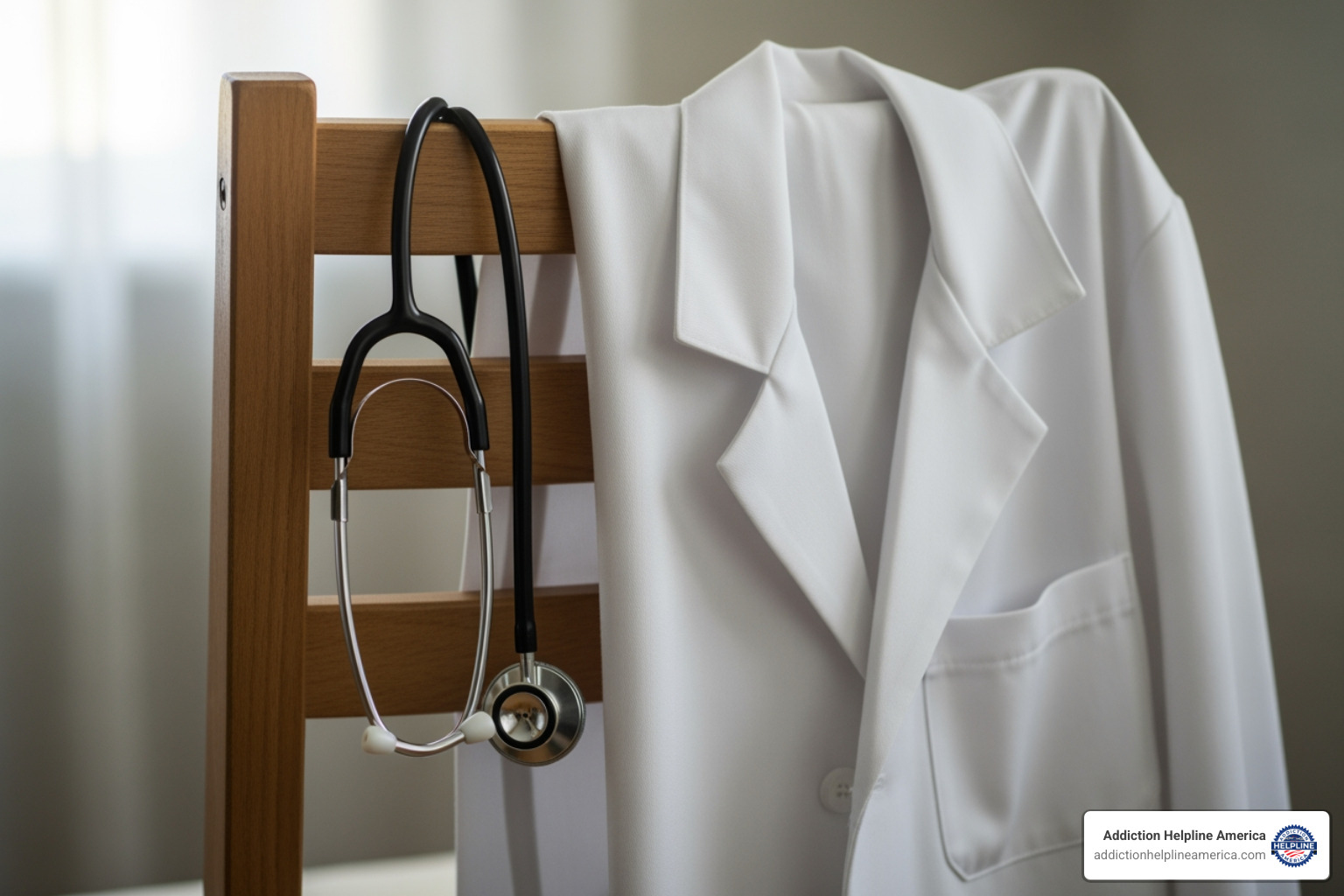 a doctor's coat and stethoscope hanging on a chair - addiction stories