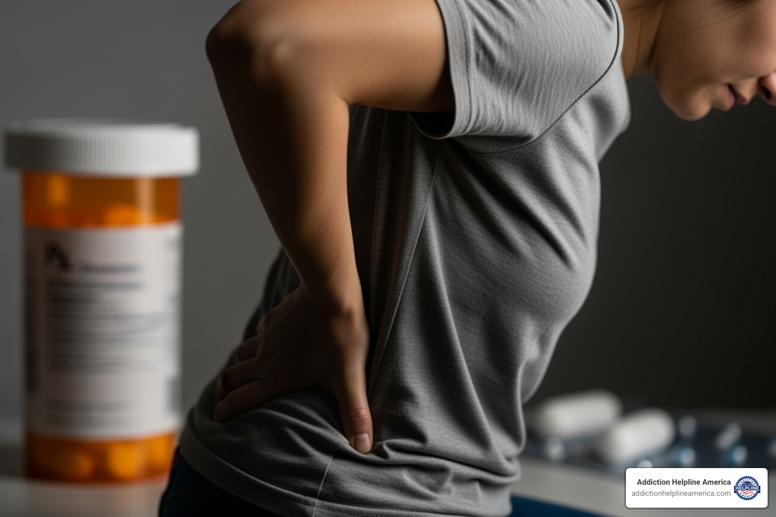 a person holding their back in pain, with a faded image of a prescription bottle in the background - addiction stories