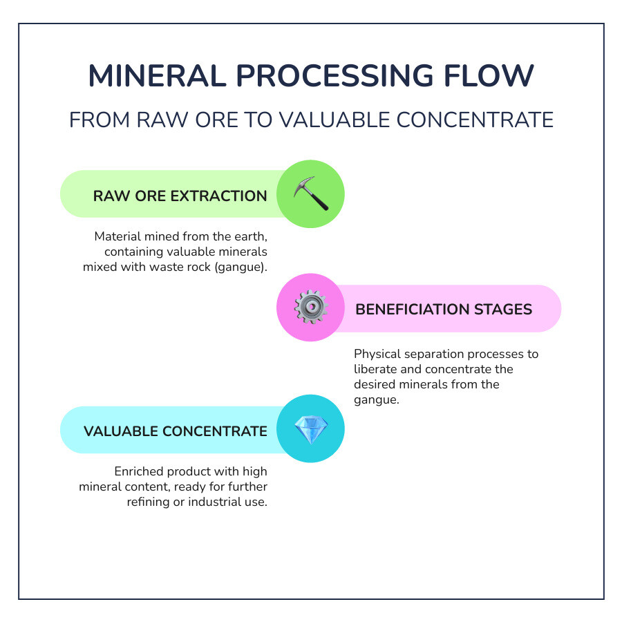 Infographic describing the basic flow of a mineral processing plant from raw ore to concentrate 