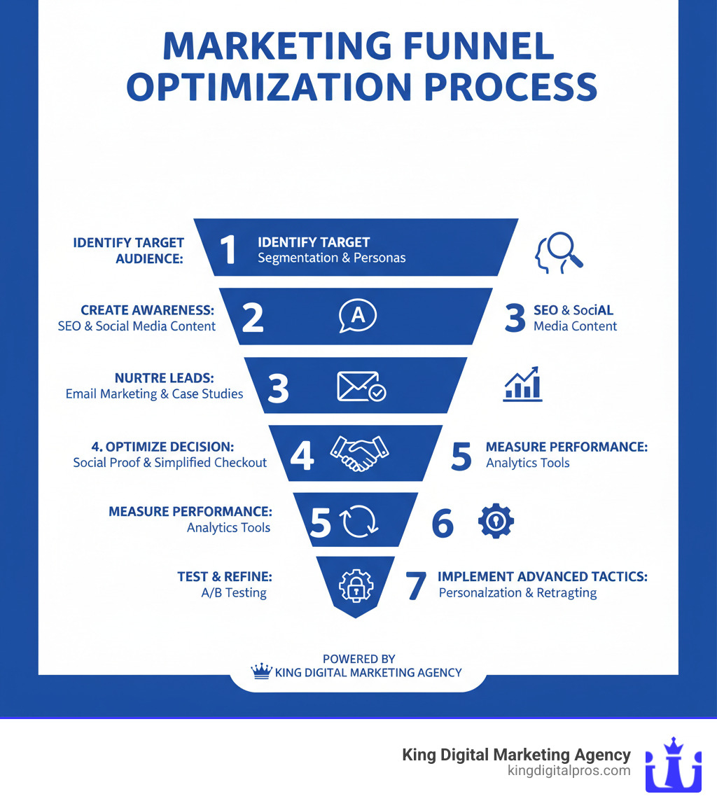 infographic showing the marketing funnel optimization process: step 1 - identify your target audience with segmentation and buyer personas; step 2 - create awareness stage content using SEO and social media; step 3 - nurture consideration stage leads with email marketing and case studies; step 4 - optimize decision stage with social proof and simplified checkout; step 5 - measure performance with analytics tools; step 6 - test and refine using A/B testing; step 7 - implement advanced tactics like personalization and retargeting - how to optimize a marketing funnel for conversions infographic Infographic Showing The Marketing Funnel Optimization Process: Step 1 - Identify Your Target Audience With Segmentation And Buyer Personas; Step 2 - Create Awareness Stage Content Using Seo And Social Media; Step 3 - Nurture Consideration Stage Leads With Email Marketing And Case Studies; Step 4 - Optimize Decision Stage With Social Proof And Simplified Checkout; Step 5 - Measure Performance With Analytics Tools; Step 6 - Test And Refine Using A/B Testing; Step 7 - Implement Advanced Tactics Like Personalization And Retargeting - How To Optimize A Marketing Funnel For Conversions Infographic