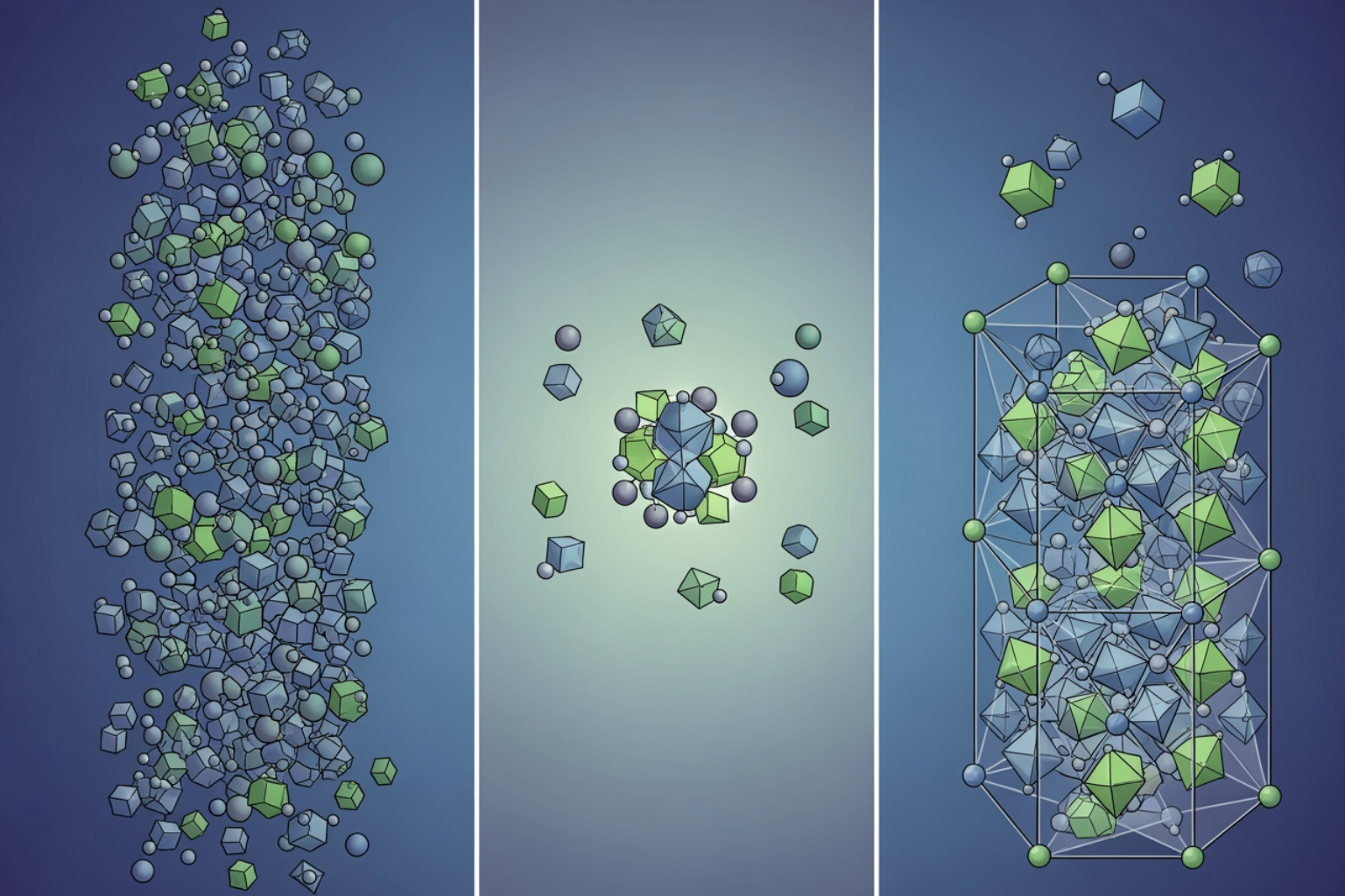 Conceptual diagram showing individual molecules clustering to form a nucleus (nucleation), followed by more molecules attaching to the nucleus, causing it to grow into a larger, ordered crystal (crystal growth). - how does crystallisation work