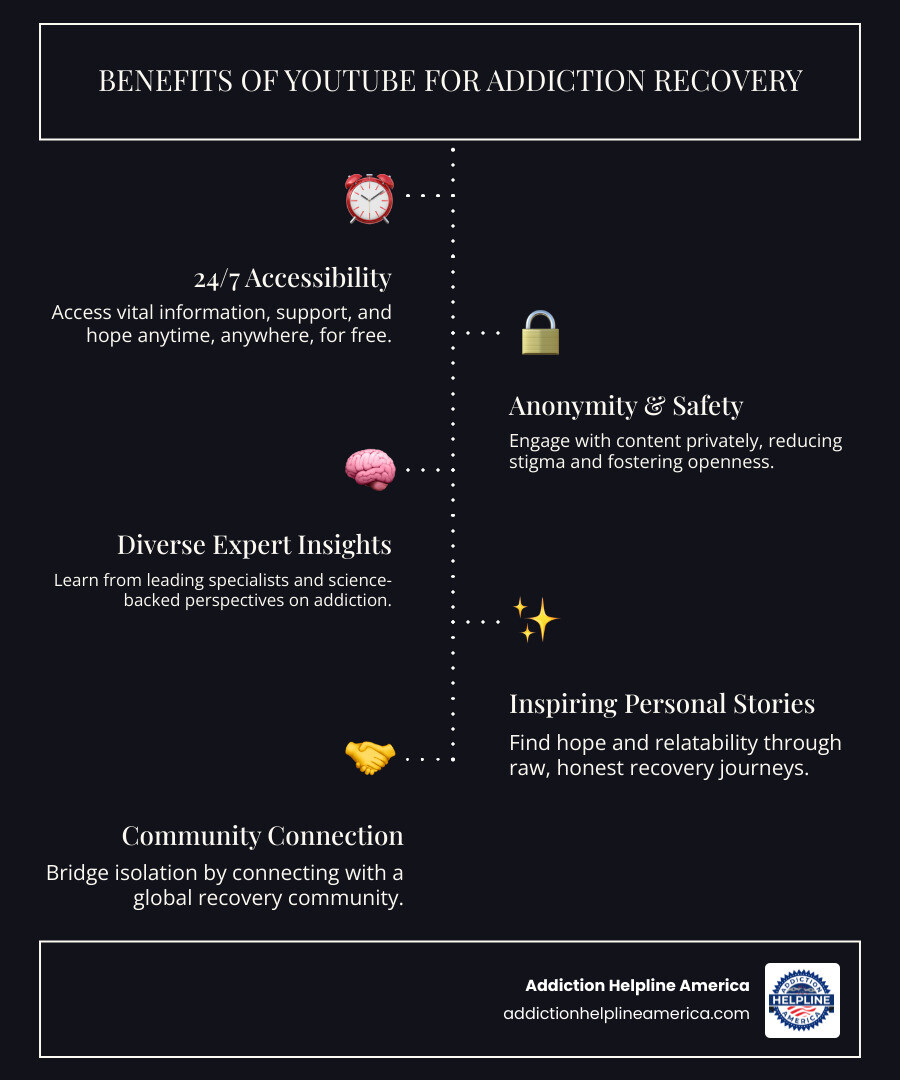 infographic showing benefits of YouTube recovery videos including 24/7 accessibility, anonymous viewing, diverse expert perspectives, personal story inspiration, family support resources, free educational content, and connection to recovery community - best addiction recovery videos on youtube infographic infographic-line-5-steps-dark