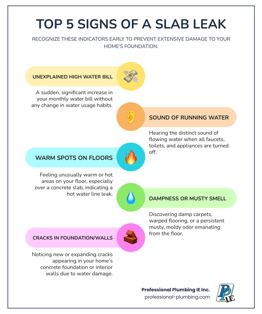 Infographic showing the top 5 signs of a slab leak: 1) Unexplained spike in water bills, 2) Sound of running water when all fixtures are off, 3) Warm or hot spots on floors, 4) Damp carpets or moisture on floors, 5) Cracks appearing in walls or foundation - Slab leak repair Riverside infographic infographic-line-5-steps-colors