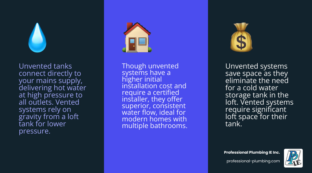Detailed comparison infographic showing unvented hot water tank system with labeled components including mains water inlet, expansion vessel, pressure relief valve, hot water outlets to multiple fixtures, versus traditional vented system with loft tank, vent pipe, and gravity-fed water flow - unvented hot water tank infographic 3_facts_emoji_blue Detailed comparison infographic showing unvented hot water tank system with labeled components including mains water inlet, expansion vessel, pressure relief valve, hot water outlets to multiple fixtures, versus traditional vented system with loft tank, vent pipe, and gravity-fed water flow - unvented hot water tank infographic 3_facts_emoji_blue