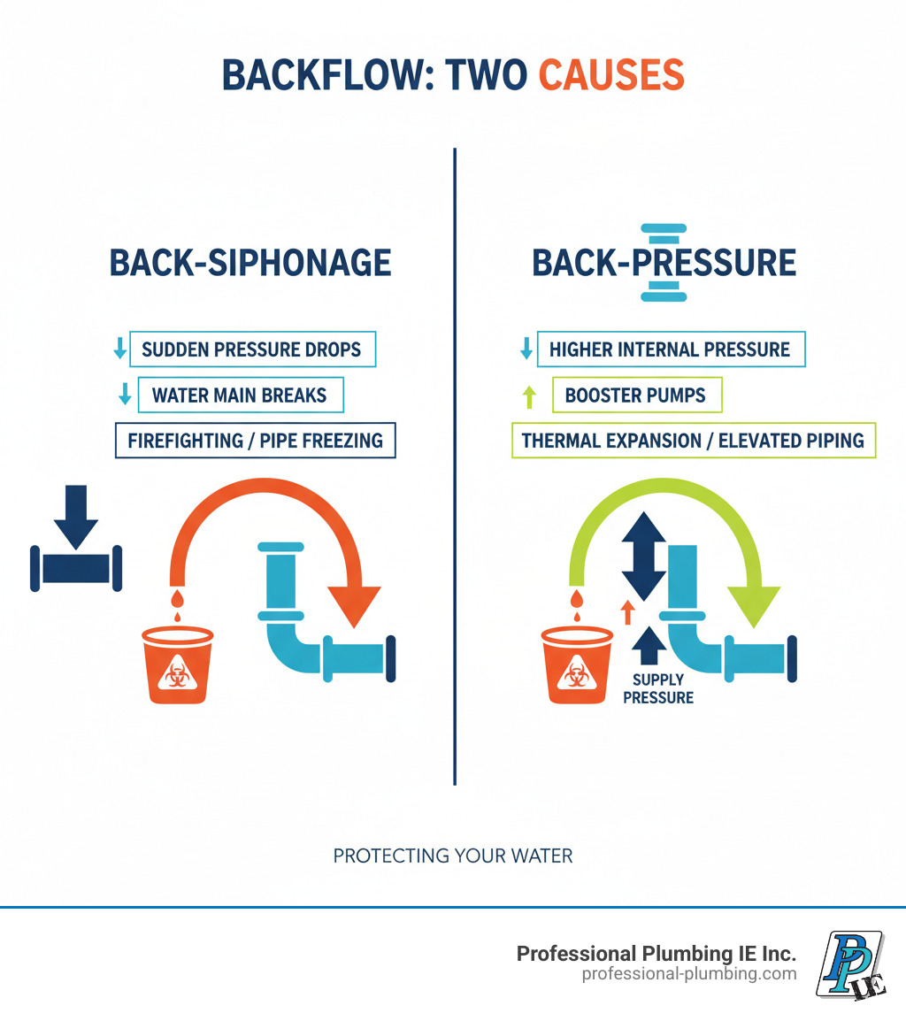 Infographic showing two columns: Back-Siphonage (caused by sudden pressure drops from water main breaks, firefighting, or pipe freezing, depicted with downward arrows) versus Back-Pressure (caused by booster pumps, thermal expansion, or elevated piping creating higher internal pressure, depicted with upward arrows pushing against supply pressure) - Backflow prevention testing infographic Infographic showing two columns: Back-Siphonage (caused by sudden pressure drops from water main breaks, firefighting, or pipe freezing, depicted with downward arrows) versus Back-Pressure (caused by booster pumps, thermal expansion, or elevated piping creating higher internal pressure, depicted with upward arrows pushing against supply pressure) - Backflow prevention testing infographic