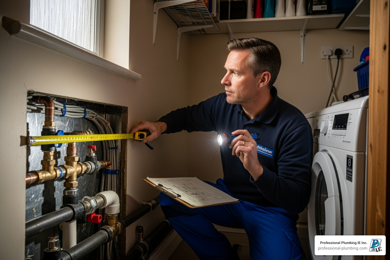 plumber assessing pipework and space for a new cylinder installation - unvented hot water tank plumber assessing pipework and space for a new cylinder installation - unvented hot water tank