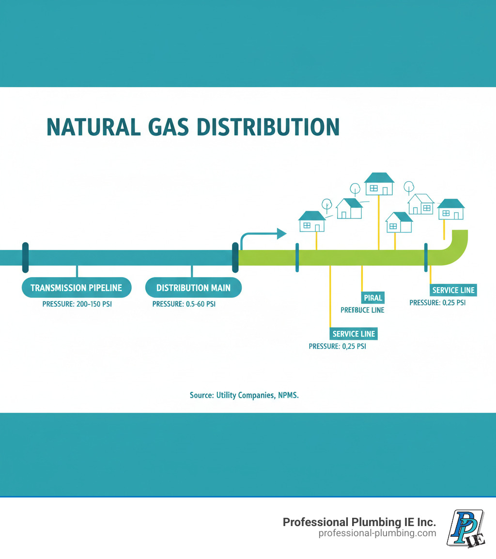 Infographic showing natural gas distribution from transmission pipelines through distribution mains to service lines entering homes, with labels for each stage and typical pressure levels at each point - natural gas lines in my area infographic Infographic showing natural gas distribution from transmission pipelines through distribution mains to service lines entering homes, with labels for each stage and typical pressure levels at each point - natural gas lines in my area infographic