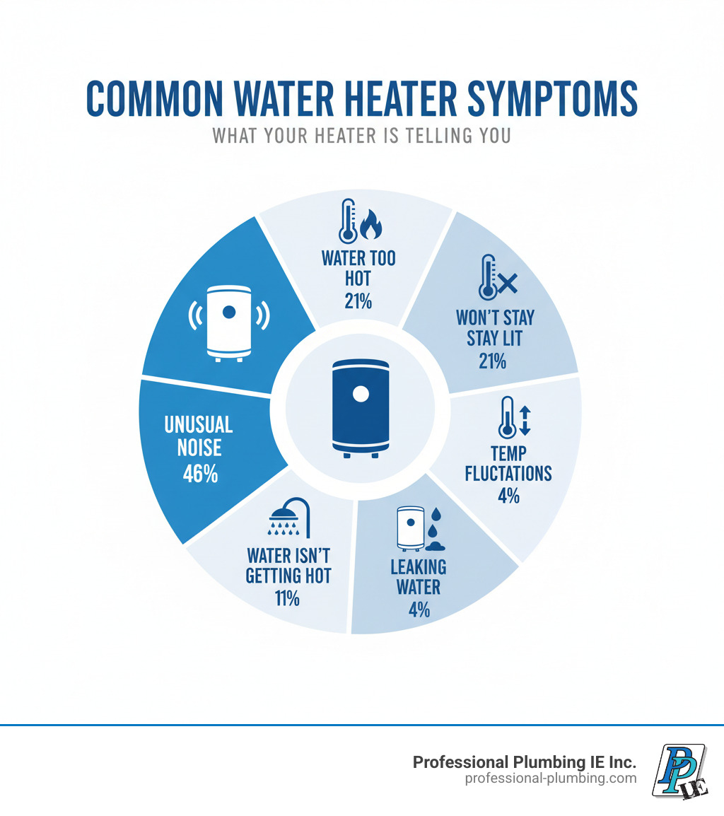 Infographic showing common water heater symptoms: Unusual Noise 46%, Water Too Hot 21%, Won't Stay Lit/Keeps Shutting Off 21%, Water Isn't Getting Hot 11%, Temperature Fluctuations 4%, Leaking Water 4% - hot water heater repair infographic Infographic showing common water heater symptoms: Unusual Noise 46%, Water Too Hot 21%, Won't Stay Lit/Keeps Shutting Off 21%, Water Isn't Getting Hot 11%, Temperature Fluctuations 4%, Leaking Water 4% - hot water heater repair infographic