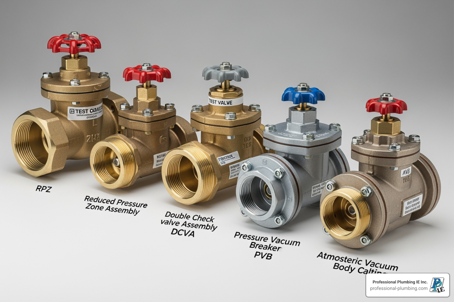 showing a lineup of different backflow prevention devices - Backflow prevention testing showing a lineup of different backflow prevention devices - Backflow prevention testing
