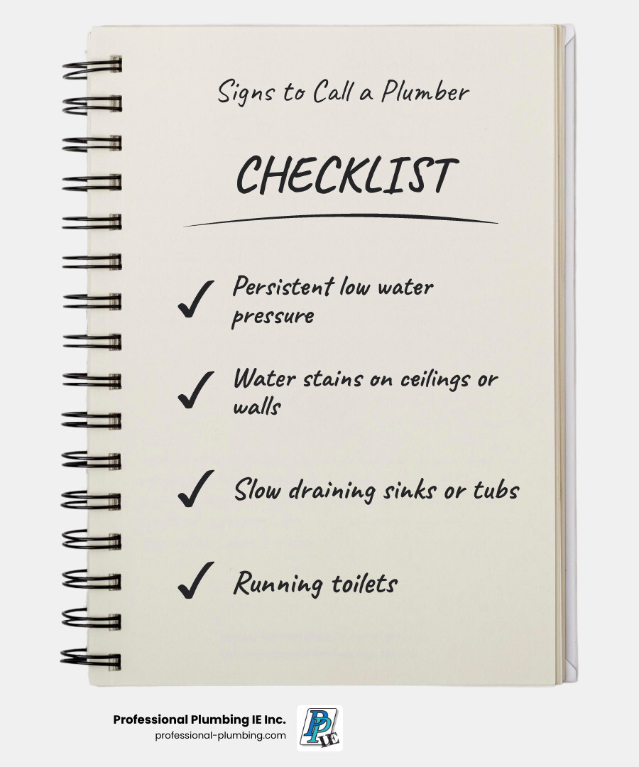 Infographic showing the top 5 signs you need to call a plumber in Riverside CA: persistent low water pressure indicating pipe issues, water stains on ceilings or walls suggesting hidden leaks, slow draining sinks or tubs pointing to clog buildup, running toilets wasting hundreds of gallons monthly, and unusual sounds in pipes like banging or gurgling indicating air pockets or blockages - plumbing company Riverside CA infographic checklist-notebook