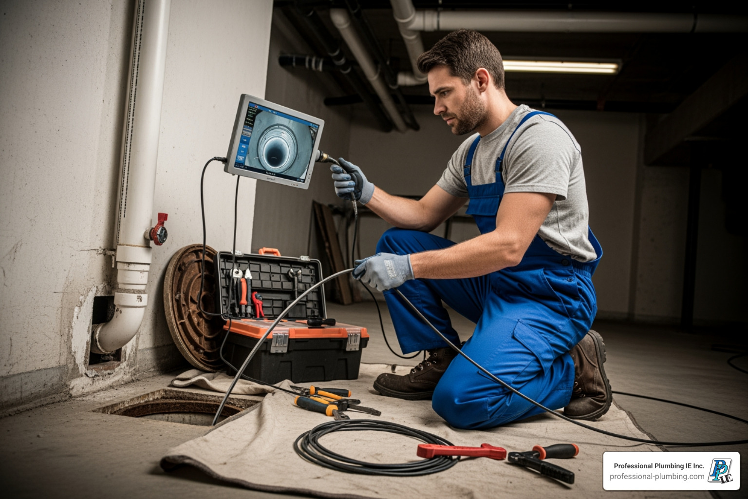 plumber performing video camera inspection of drain line - plumbing maintenance Riverside