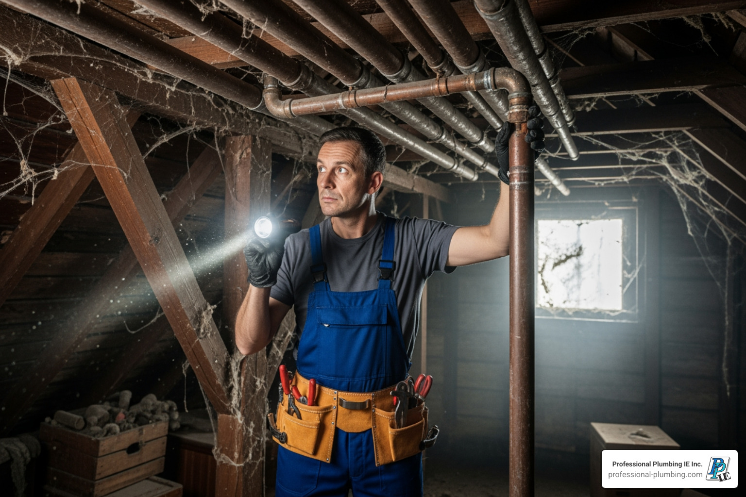 plumber inspecting pipes in an attic - ceiling water leak repair plumber inspecting pipes in an attic - ceiling water leak repair