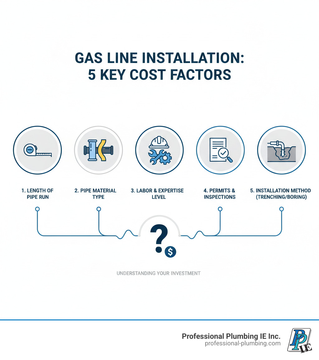 infographic showing the five main cost factors for gas line installation: length of pipe run, pipe material type, labor and expertise level, permits and inspections, and installation method including trenching or boring - cost of adding a gas line infographic infographic showing the five main cost factors for gas line installation: length of pipe run, pipe material type, labor and expertise level, permits and inspections, and installation method including trenching or boring - cost of adding a gas line infographic