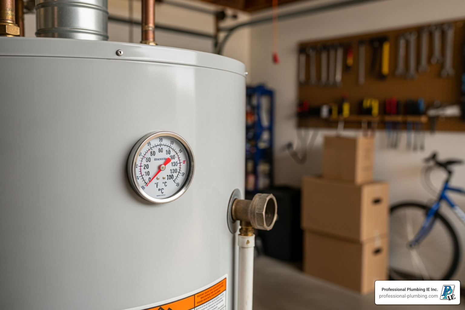 water heater in a garage with a focus on the temperature gauge - plumbing company Riverside CA
