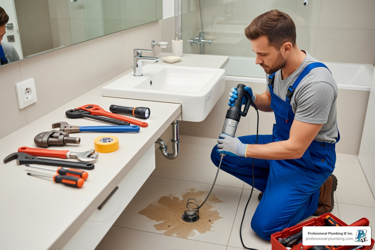plumber using a drain snake - plumbing company Riverside CA