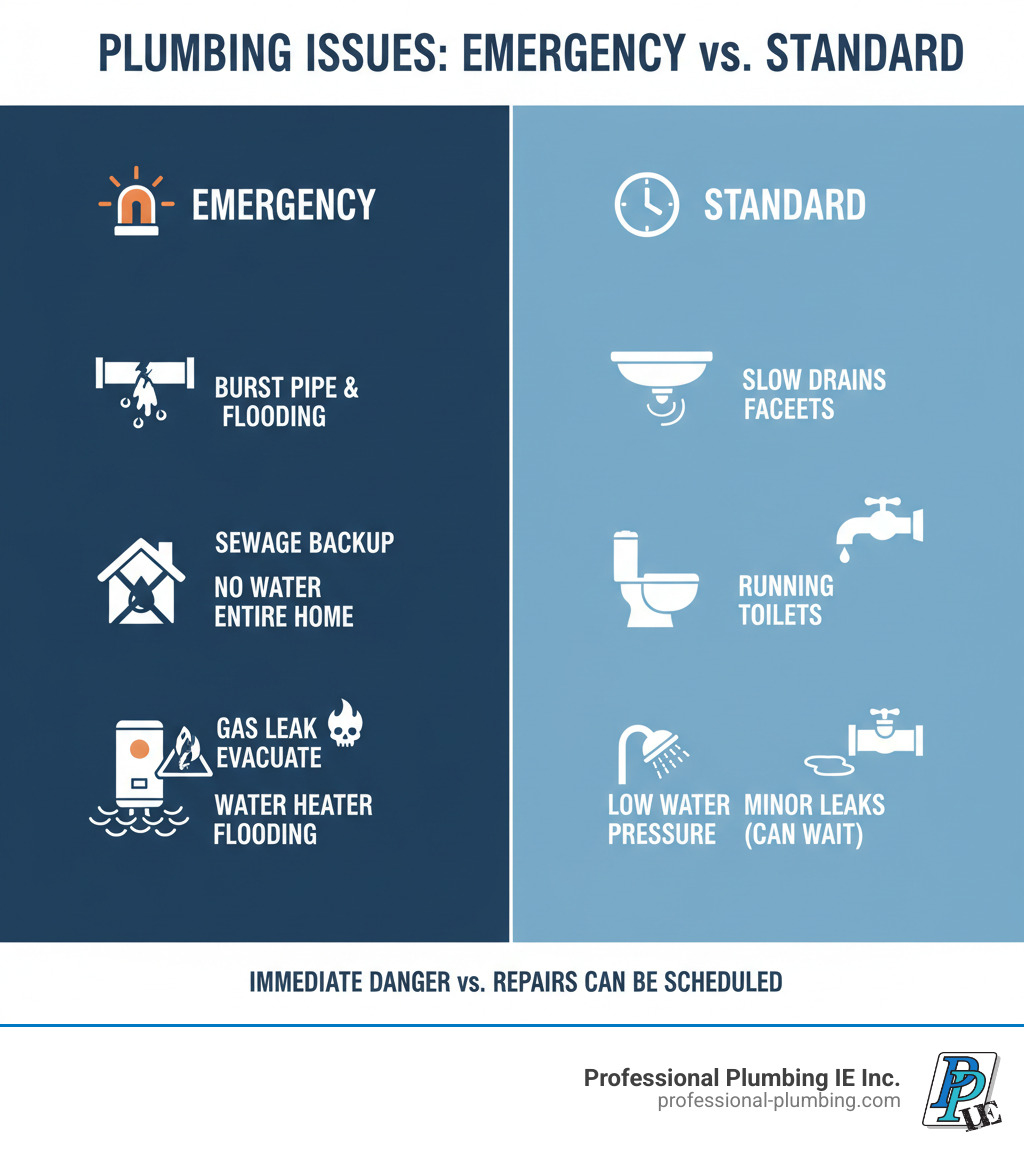 Infographic showing the difference between standard and emergency plumbing issues: Emergency includes burst pipes with active flooding, sewage backup creating health hazards, no water access to entire home, gas leaks requiring immediate evacuation, and water heater failure causing flooding. Standard issues include slow drains, dripping faucets, running toilets, low water pressure, and minor leaks that can wait for business hours. - emergency plumbing repair riverside infographic Infographic showing the difference between standard and emergency plumbing issues: Emergency includes burst pipes with active flooding, sewage backup creating health hazards, no water access to entire home, gas leaks requiring immediate evacuation, and water heater failure causing flooding. Standard issues include slow drains, dripping faucets, running toilets, low water pressure, and minor leaks that can wait for business hours. - emergency plumbing repair riverside infographic