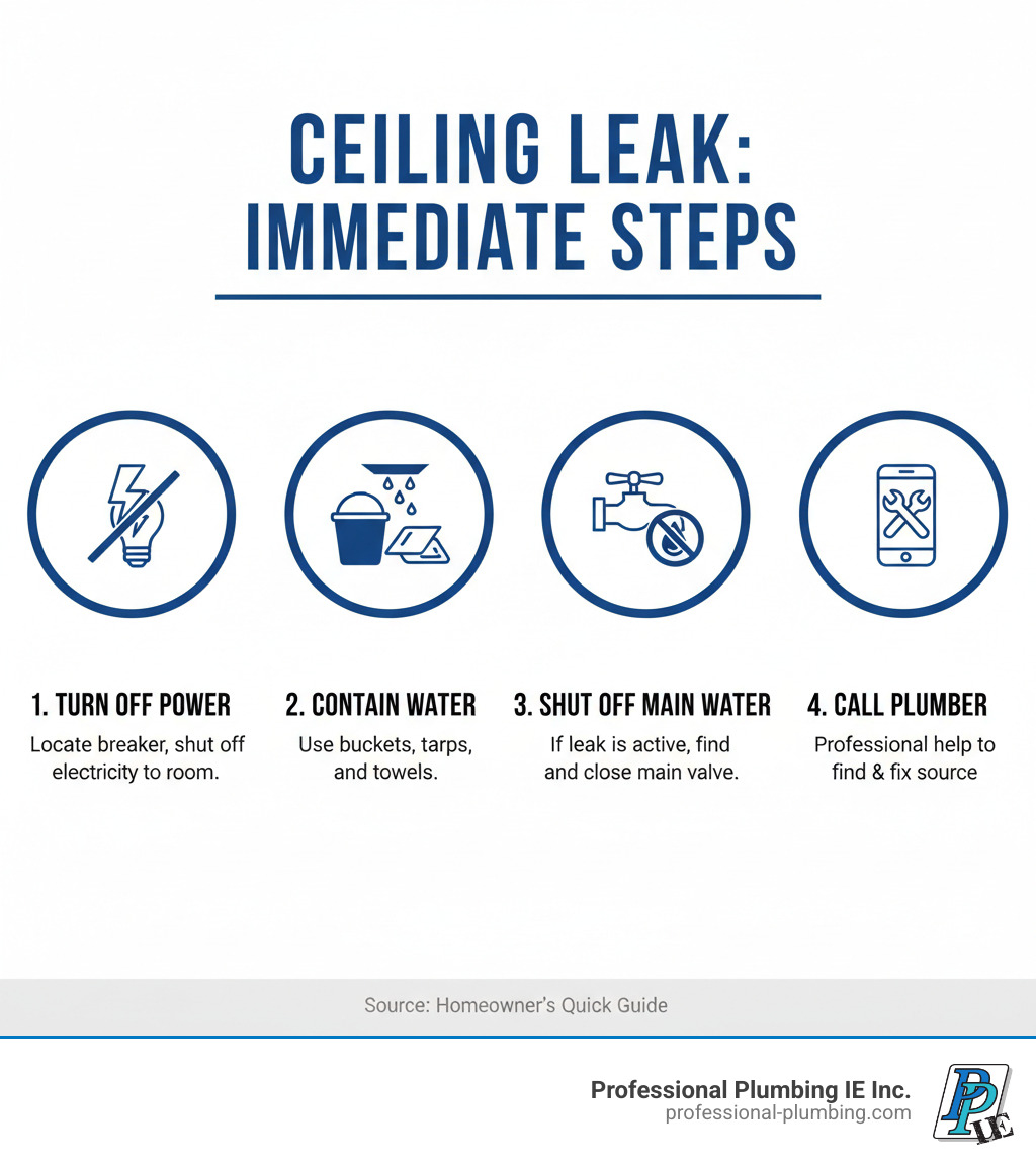 infographic showing 4 immediate steps when discovering a ceiling leak: 1) Turn off power to affected room, 2) Contain water with buckets and tarps, 3) Shut off main water supply if leak is active, 4) Call a professional plumber to locate and repair the source - ceiling water leak repair infographic infographic showing 4 immediate steps when discovering a ceiling leak: 1) Turn off power to affected room, 2) Contain water with buckets and tarps, 3) Shut off main water supply if leak is active, 4) Call a professional plumber to locate and repair the source - ceiling water leak repair infographic