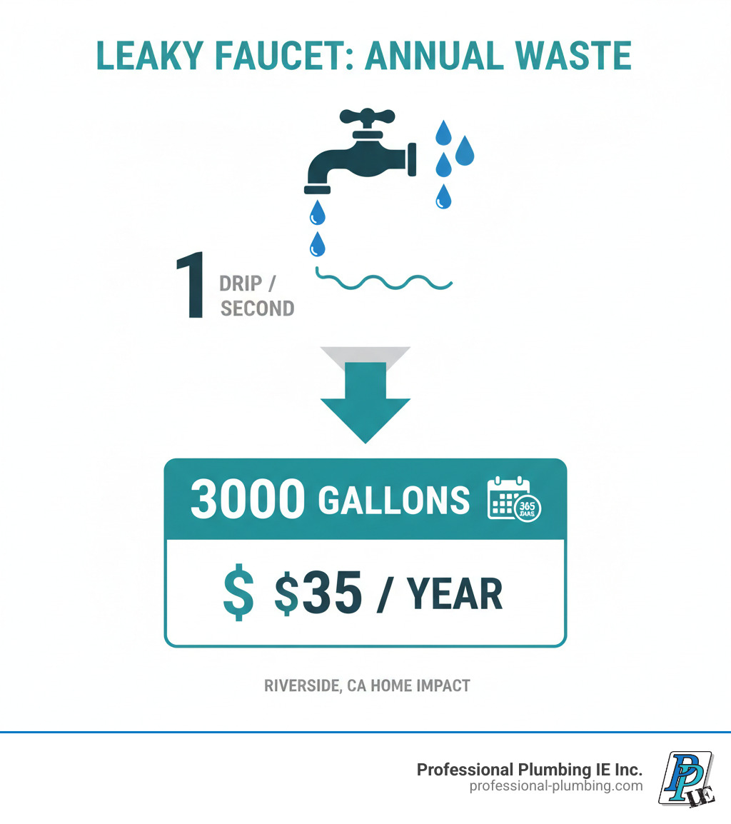 infographic showing annual water waste from a leaky faucet dripping once per second equals 3000 gallons and $35 in wasted water, with icons showing a faucet, water droplets, a calendar, and dollar signs - Faucet repair Riverside infographic 
