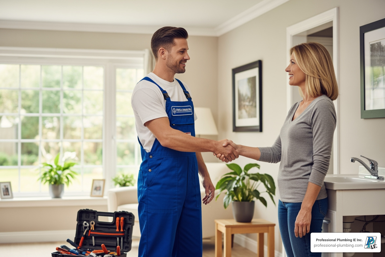 friendly uniformed plumber shaking homeowner's hand - Faucet repair Riverside