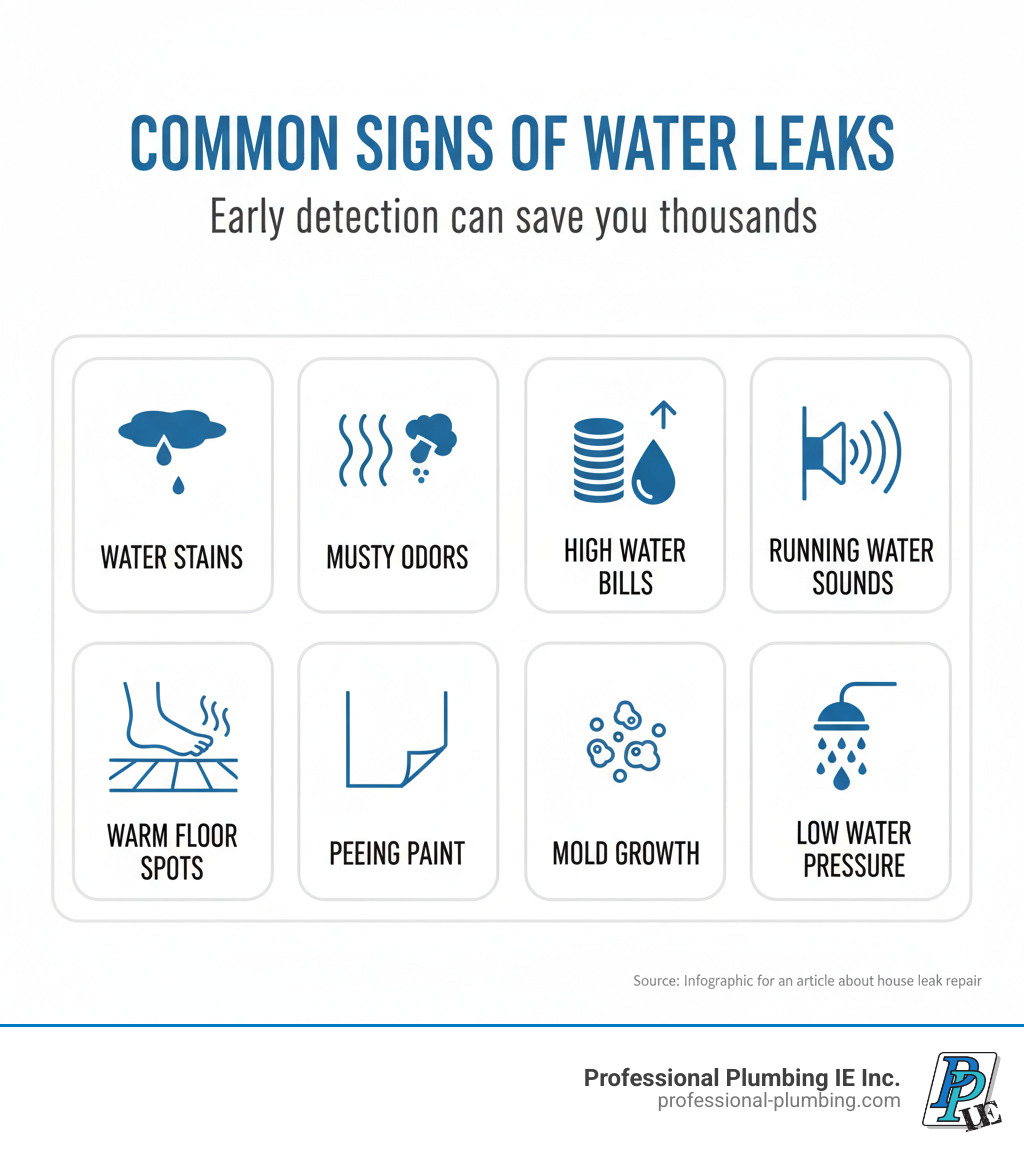 infographic showing common signs of water leaks including water stains, musty odors, unexplained high water bills, sound of running water, warm floor spots, peeling paint, mold growth, and low water pressure with icons for each sign - house leak repair infographic 