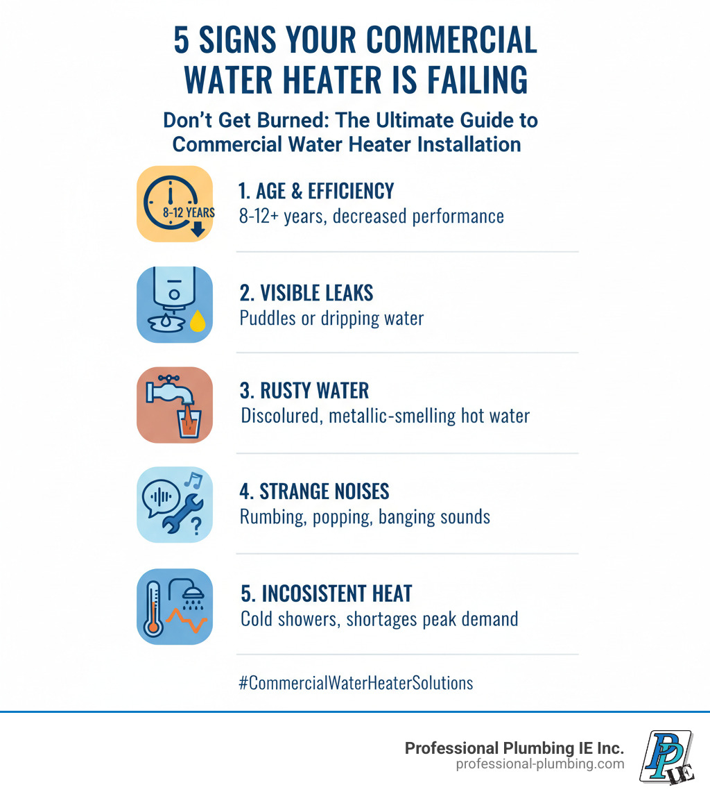 Infographic showing the top 5 signs your commercial water heater is failing: 1. Age exceeding 8-12 years with decreased efficiency, 2. Visible leaks or pooling water around the unit, 3. Rusty or discolored hot water indicating tank corrosion, 4. Strange noises like rumbling or popping from sediment buildup, 5. Inconsistent temperatures and frequent hot water shortages during peak demand - commercial hot water heater replacement infographic 