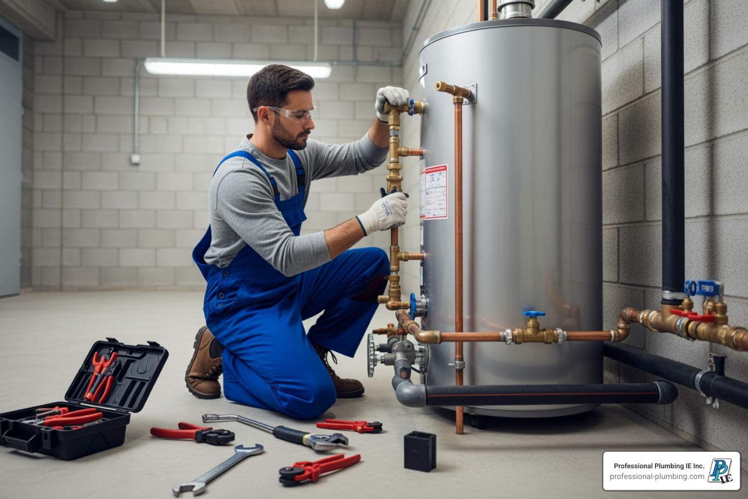 professional plumber installing a new commercial gas water heater - commercial hot water heater replacement