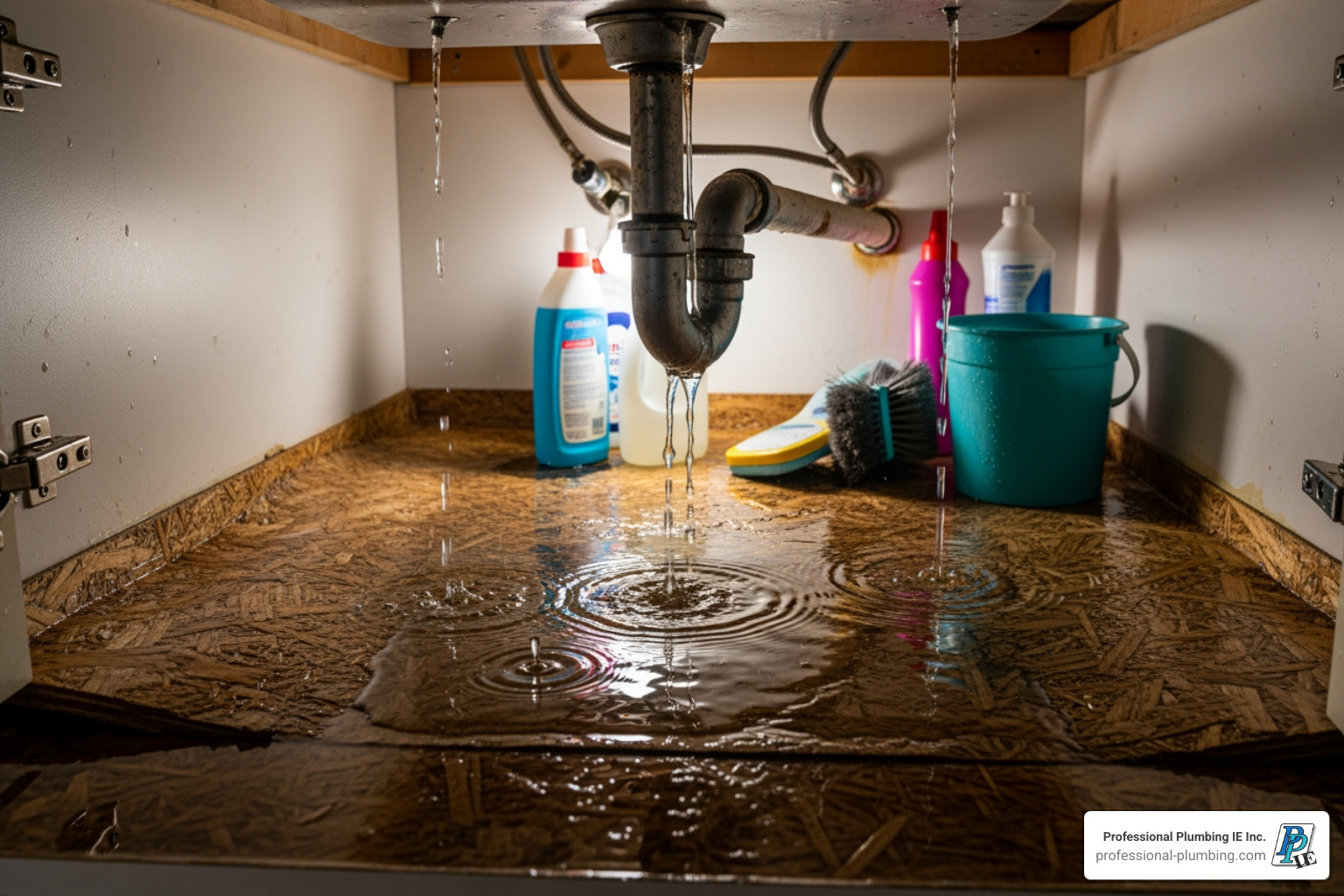 Significant water leak under a kitchen sink - heating and plumbing repair near me Significant water leak under a kitchen sink - heating and plumbing repair near me