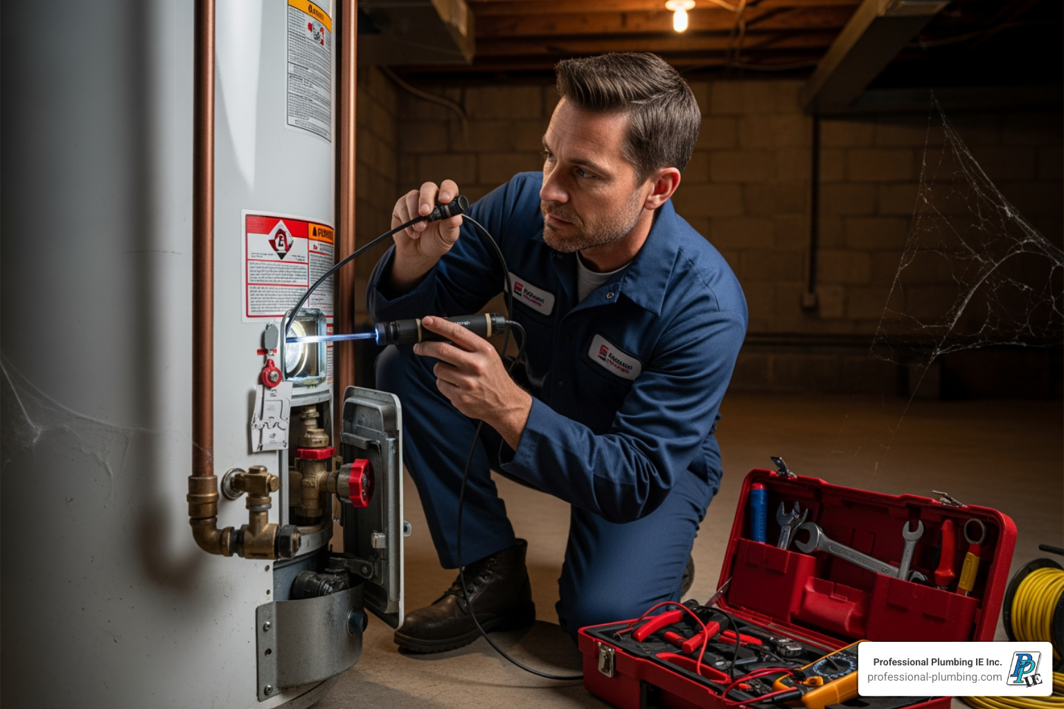 Technician inspecting a water heater - heating and plumbing repair near me Technician inspecting a water heater - heating and plumbing repair near me