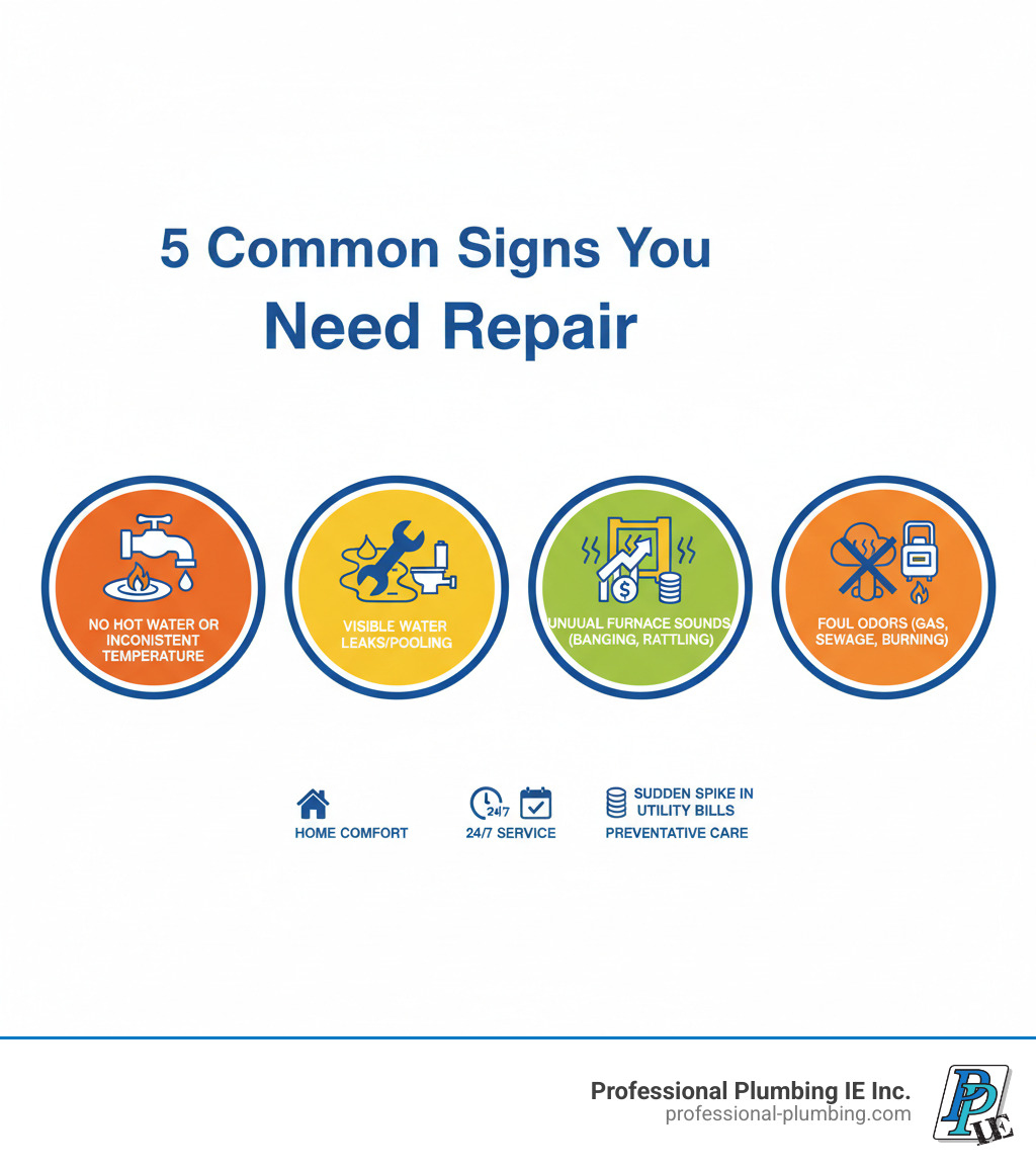 infographic showing 5 common signs you need heating and plumbing repair: 1. No hot water or inconsistent water temperature from your water heater, 2. Visible water pooling under sinks, toilets, or appliances, 3. Unusual sounds from your furnace like banging, rattling, or screeching, 4. Sudden spike in utility bills indicating system inefficiency, 5. Foul odors including gas smell, sewage backup, or burning smells from HVAC - heating and plumbing repair near me infographic infographic showing 5 common signs you need heating and plumbing repair: 1. No hot water or inconsistent water temperature from your water heater, 2. Visible water pooling under sinks, toilets, or appliances, 3. Unusual sounds from your furnace like banging, rattling, or screeching, 4. Sudden spike in utility bills indicating system inefficiency, 5. Foul odors including gas smell, sewage backup, or burning smells from HVAC - heating and plumbing repair near me infographic
