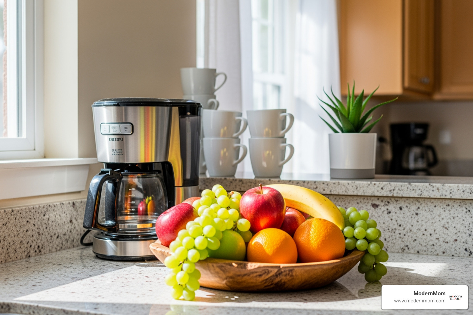 a tidy kitchen counter with a bowl of fruit and a coffee maker - Decluttering Hacks a tidy kitchen counter with a bowl of fruit and a coffee maker - Decluttering Hacks